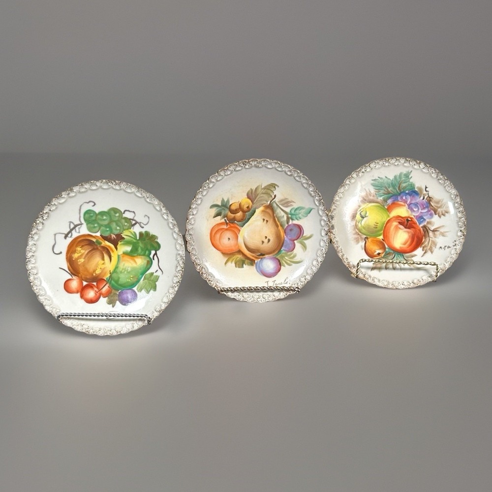 Hand Painted Fruit Plates Set of 3 Decorative Display Artisan Ucagco Vintage MCM